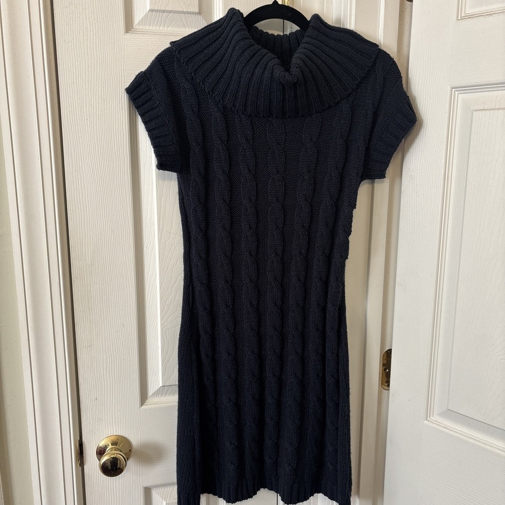 Say What Cowl Neck Cap Sleeve Mini Sheath Sweater Dress Cable Knit L Navy Blue